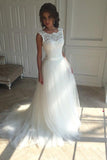 White Lace Sleeveless Wedding Dresses,Sexy Tulle A Line Long Bridal Gowns HZ0527