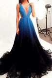 2025 Black Blue Gradient Tulle Long Evening Party Dress,A Line V-neck Prom Dresses HZ0527